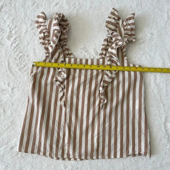 Sezane Meredith Striped Ruffle Camel Cream Bow Tank Blouse Size 40 FR / 8 US - Picture 7 of 8